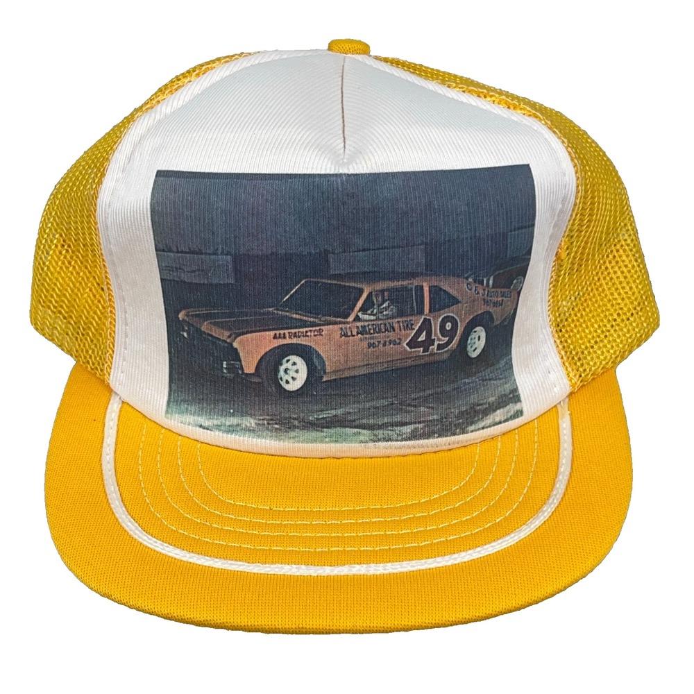Vintage Racing Trucker Hat Cap Snapback Yellow White Stripe Made In USA 90s Nova
